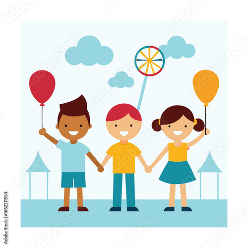 Children Holding Balloons Near the Amusement Rides