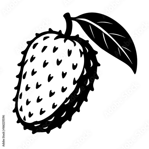 Black and white soursop (graviola) fruit vector illustration. A simple graphic of a tropical fruit with its characteristic spiky skin, ideal for food-related logos and healthy eating designs.