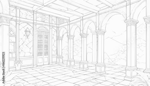Adult coloring page of an elegant interior room with arches and decorative elements
