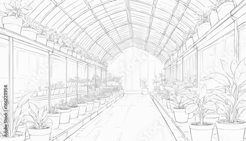 Adult coloring page of a greenhouse filled with potted plants and flowers