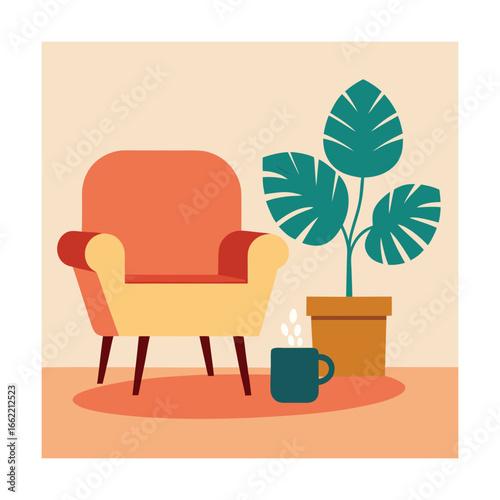 Living Room with Armchair Coffee Table and Potted Plant