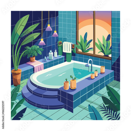 Luxury Bathroom with Jacuzzi Tub Candles and Plants