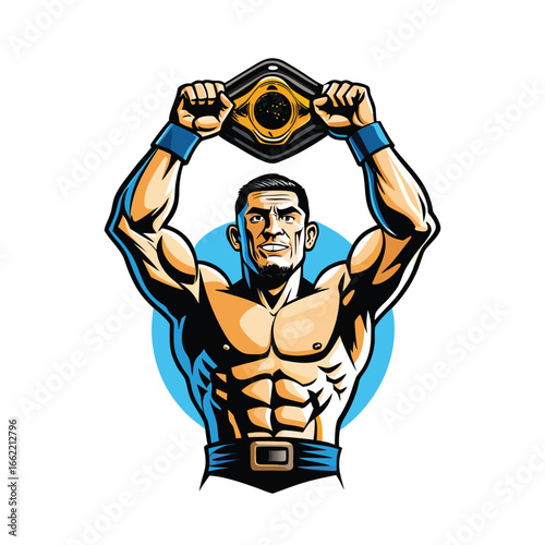 MMA Fighter Raising Championship Belt Overhead Vector