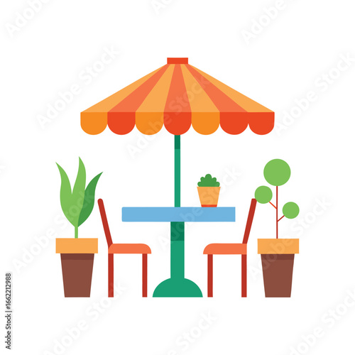 outdoor cafe two tables chairs potted plants