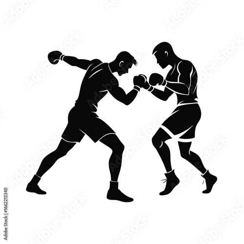 Silhouette of Two Boxers Mid Sparring Vector White
