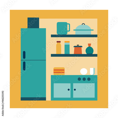 Small Kitchen with Stove Refrigerator and Shelves