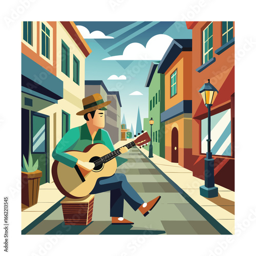 Street with a Busker Playing Guitar