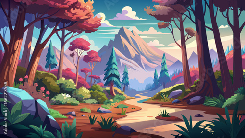 Artistic conception reveals beautiful landscape painting of nature, dreamy forest background illustration, tender design flowing softly, enchanting atmosphere rising, serene horizon glowing, harmoniou