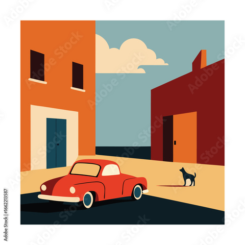 Street with a Vintage Car Parked and a Dog Sitting
