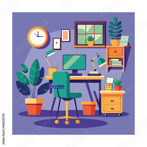 Workspace Interior with Desk Computer Chair and Lamp