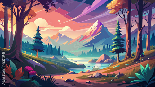 Artistic conception reveals beautiful landscape painting of nature, dreamy forest background illustration, tender design flowing softly, enchanting atmosphere rising, serene horizon glowing, harmoniou
