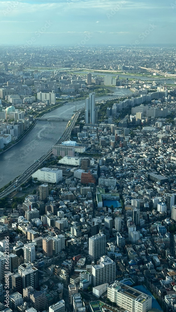 Fototapeta premium Urban aerial view of tokyo cityscape with river and buildings under a clear blue sky - concept of travel, urban planning, architecture