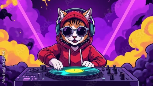 A vibrant illustration of a cool cat DJ wearing sunglasses and headphones, mixing music with colorful lights