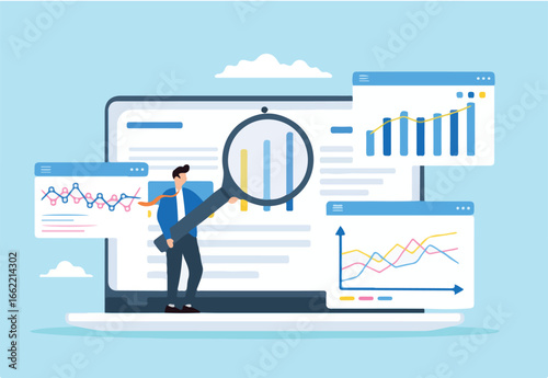 Businessman analyst data on laptop with magnifying glass