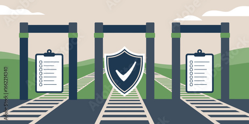 Three gateways with clipboards and a shield on a railroad track leading to a green landscape view