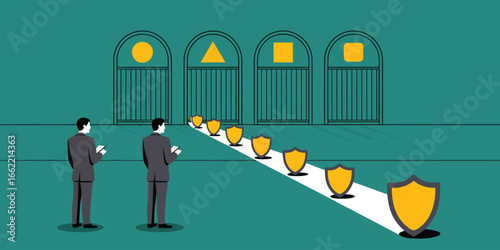 Two men standing before geometric doors with shields leading to each one in a teal room space