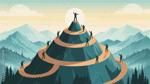 A winding path up a mountain with silhouetted figures climbing towards the summit under a bright sun