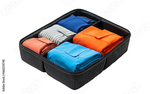 Compression packing cube with folded shirts for organized travel luggage and storage convenience isolated on transparent background PNG