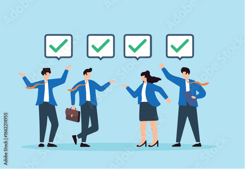 Flat illustration of business people agreeing on completed tasks with check marks team approval consensus collaboration agree to work together and project agreement 