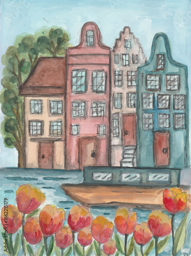Amsterdam Canal Houses with Tulips