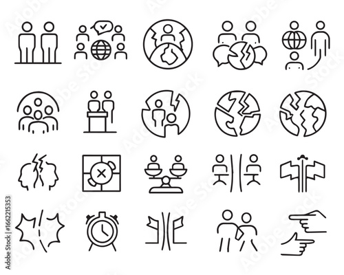 Set of outline icons related to social polarization. Linear icon collection