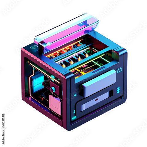 Futuristic cube with glowing neon components transparent background