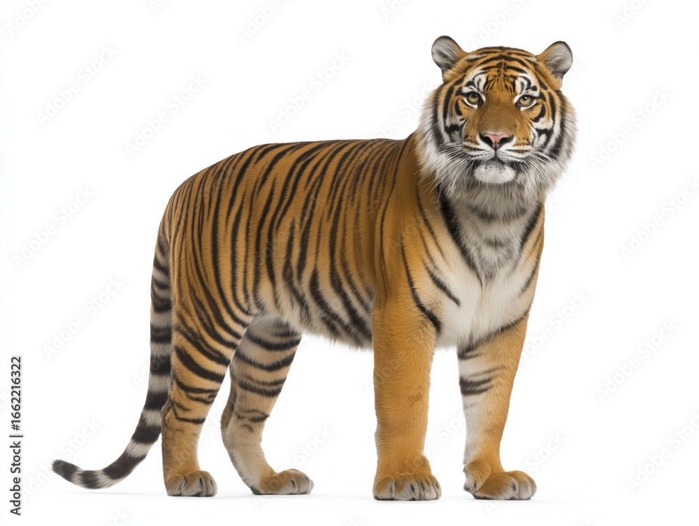 Obraz premium Majestic tiger standing confidently against a plain white background, showcasing its striking orange and black stripes, embodying strength and grace in the wild