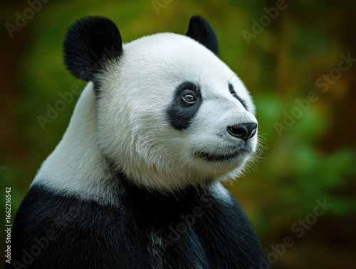 Giant panda with distinctive black and white fur, gazing curiously in a lush green forest, showcasing its natural habitat and serene expression in a peaceful environment