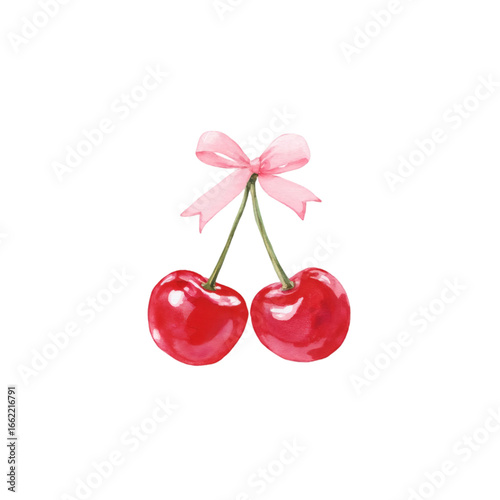 Sweet watercolor cherries with a delicate pink bow, perfect for summer designs