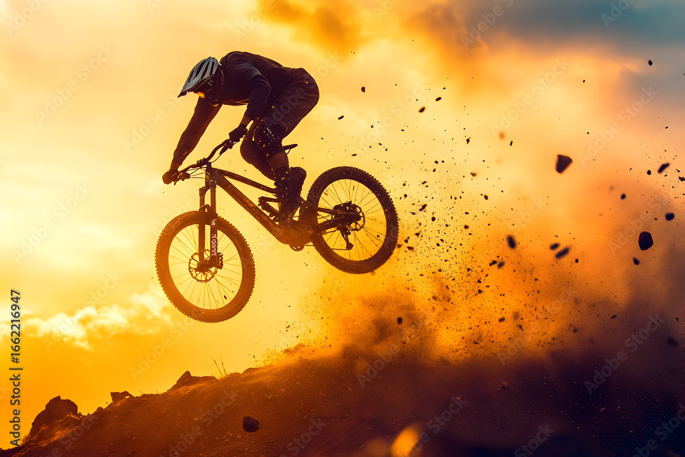 Obraz premium Epic mountain biking action during sunset showcasing high jump and adventure