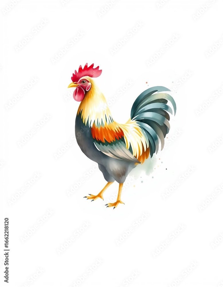 Fototapeta premium Watercolor illustration of a colorful chicken on white background, isolated with space for text.