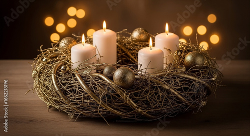 Rustic Gold Advent Wreath with Four Lit Candles