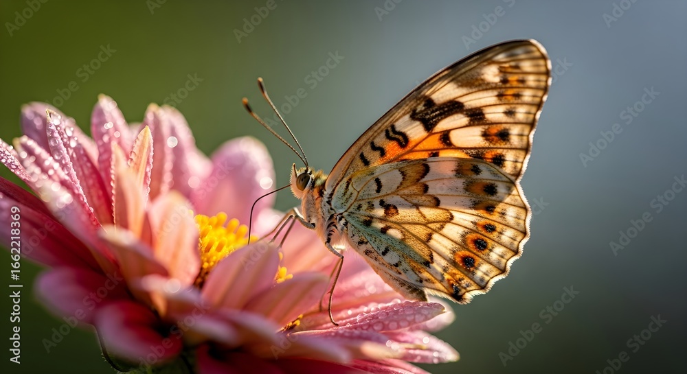 Obraz premium Speckled Wood Butterfly on Pink Zinnia Flower.