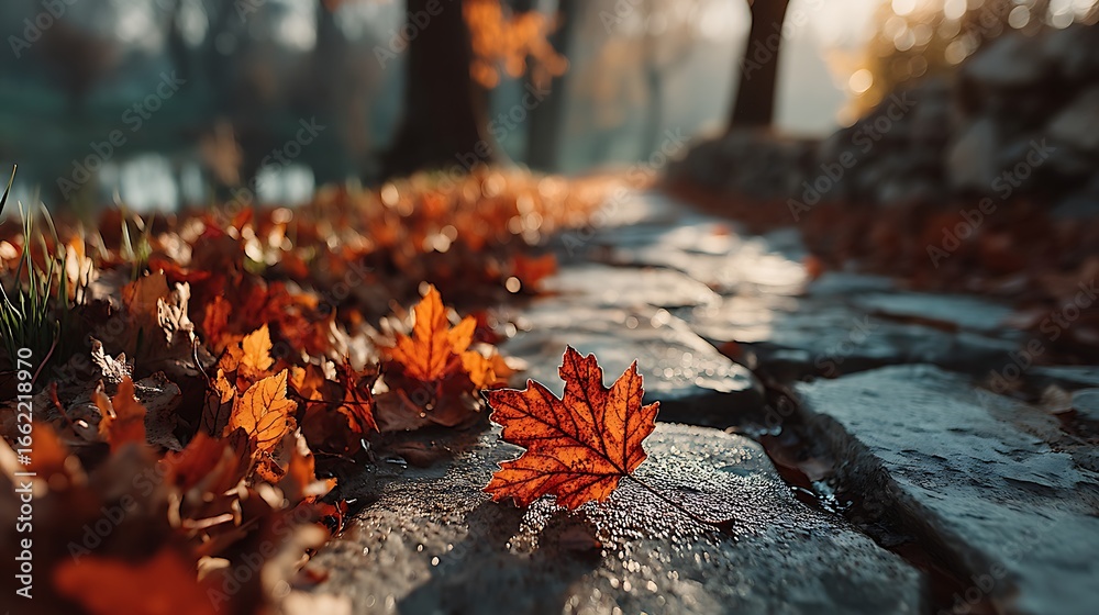 Fototapeta premium Autumn forest path with glowing sunlight high resolution Wallpaper
