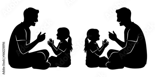 Vector art of father and daughter silhouettes playing a clapping game together