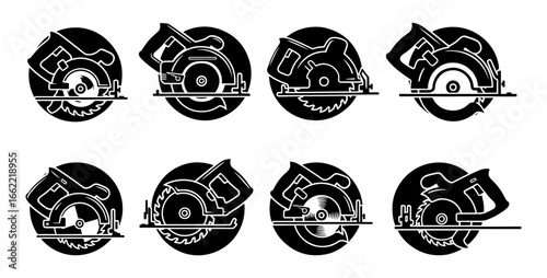 Vector art of collection of circular saw blades and tools, representing cutting and woodworking equipment for various applications
