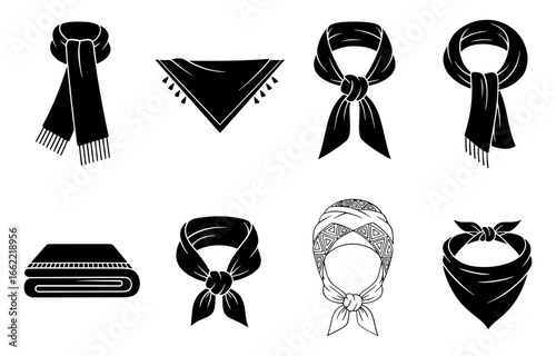 Vector art of set of black and white scarf and bandana illustrations showing various styles and ways to wear