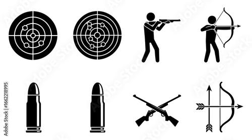 Vector art of collection of shooting and archery icons, including targets, rifles, bows, and bullets