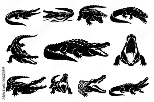 Vector art of collection of alligator and crocodile silhouettes in various poses