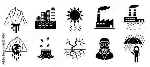Vector art of environmental crisis icons showing melting ice, pollution, deforestation, drought, and gas mask