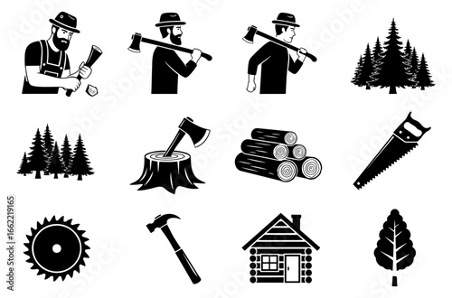 Vector art of lumberjack with axe, woodcutter, trees, logs, saw, and cabin