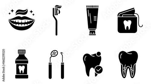 Vector art of dental hygiene icons with tooth care and cleaning tools