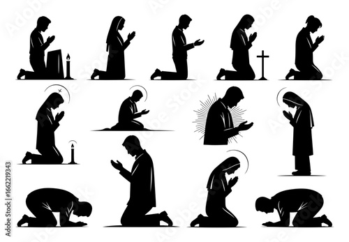 Vector art of collection of silhouettes of people praying and worshipping