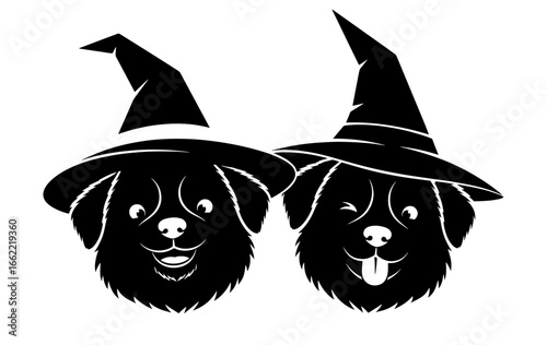 Vector art of two cute dogs wearing witch hats, one winking