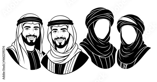 Vector art of group of men in traditional arabic clothing and headwear
