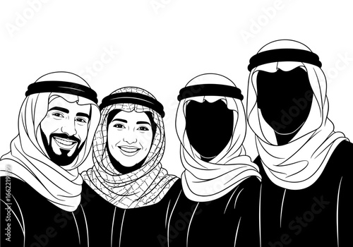 Vector art of mixed group of arabic men and women in traditional clothing