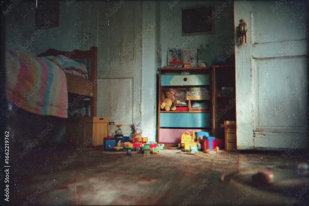 Fototapeta premium Vintage Bedroom Scene with Toys and Bed, Nostalgic Interior