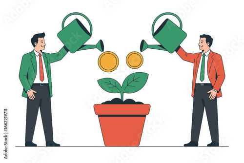Two men watering a plant with coins from watering cans in a red flowerpot on a white background