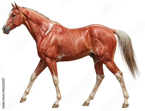 Horse anatomy, walking, muscle detail, dark background, equine education