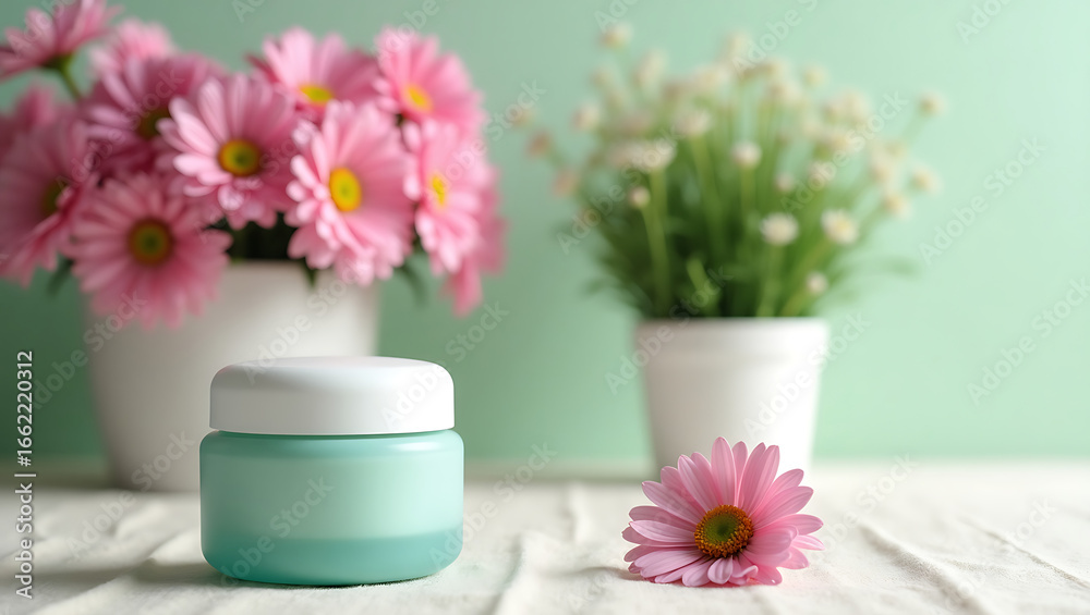 Cosmetic cream jar with pink daisy and white flowers on a green background Cosmetic cream jar with pink daisy and white flowers on a green background